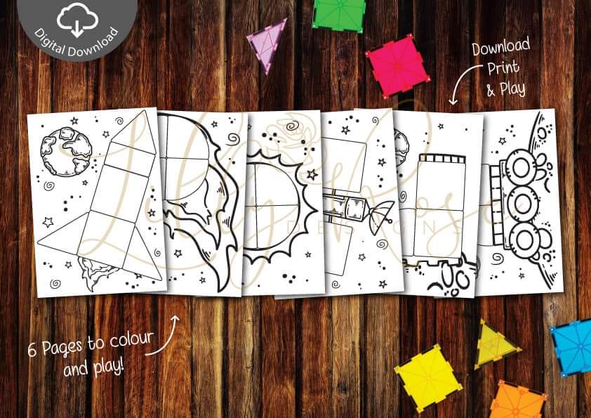 Magnet tile colouring sheets -9 pages Space & Vehicles