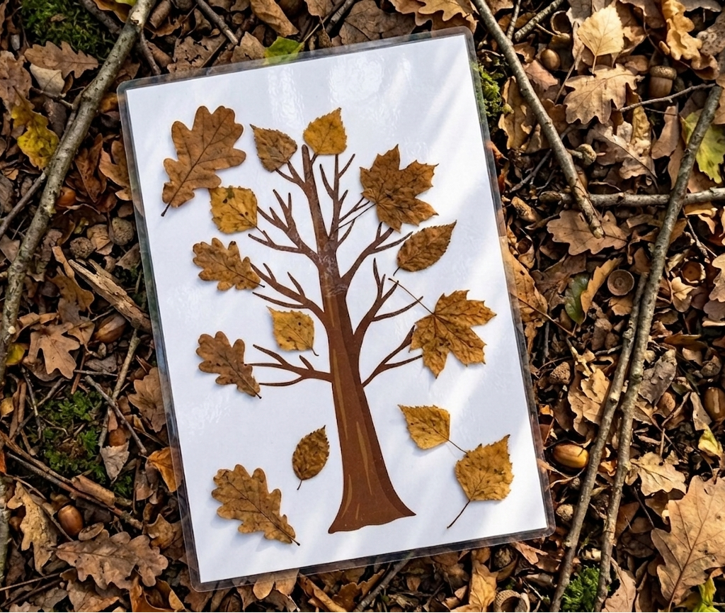 A square white art print featuring a brown tree silhouette made from pressed autumn leaves, placed on a forest floor covered with dry leaves, twigs, and acorns.