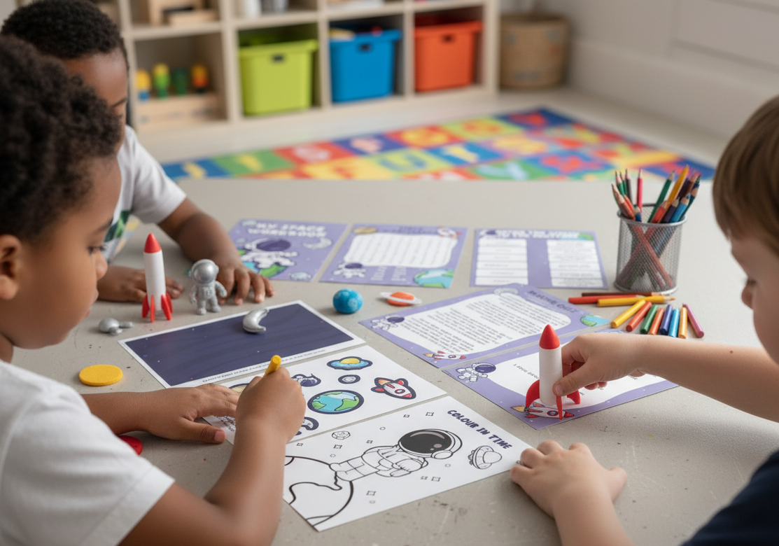 Children engaged in a creative activity with coloring books and markers at a table.