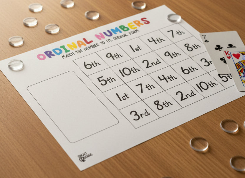 A printable educational chart titled 'ORDINAL NUMBERS' with the subtitle 'MATCH THE NUMBER TO ITS ORDINAL FORM.' The chart shows a grid of ordinal options from 1st to 10th and 1st through 7th, plus a blank outlined box on the left for writing or labeling.