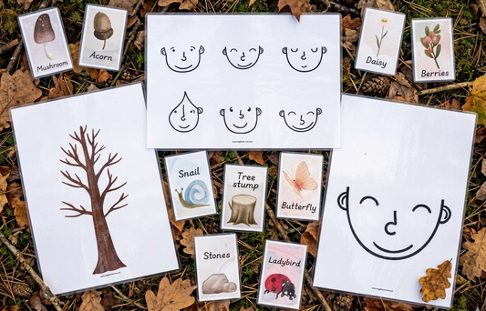 Educational cards with nature-themed illustrations on a leafy background
