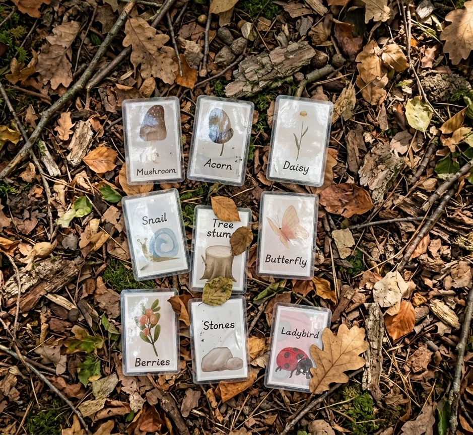 Set of nature-themed cards on a leafy ground