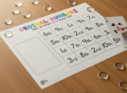 A printable educational chart titled 'ORDINAL NUMBERS' with the subtitle 'MATCH THE NUMBER TO ITS ORDINAL FORM.' The chart shows a grid of ordinal options from 1st to 10th and 1st through 7th, plus a blank outlined box on the left for writing or labeling.