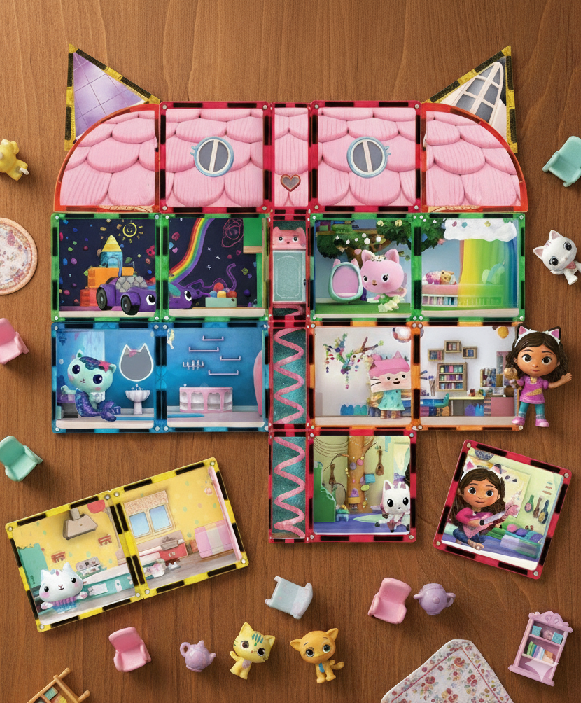 Toy building set with various mini rooms and characters on a wooden surface