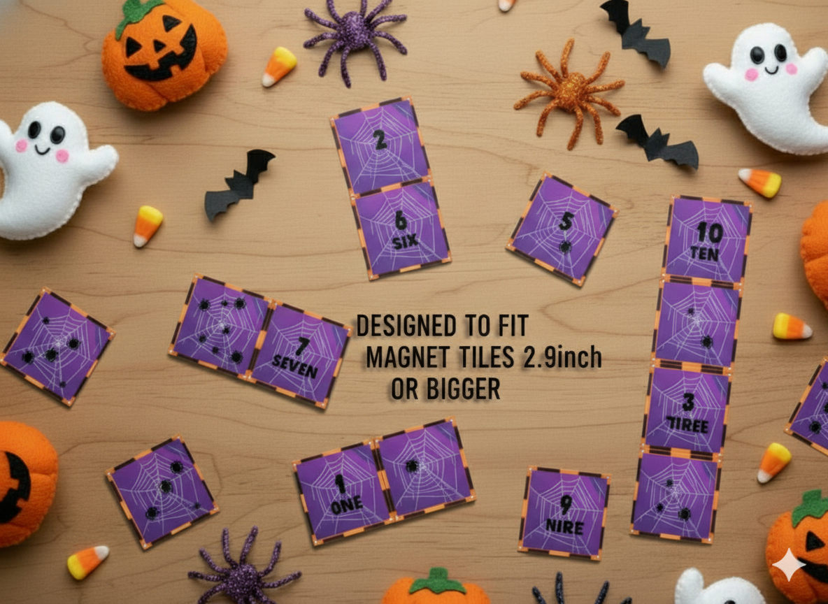 Magnet tile toppers - Halloween creepy spider counting activity
